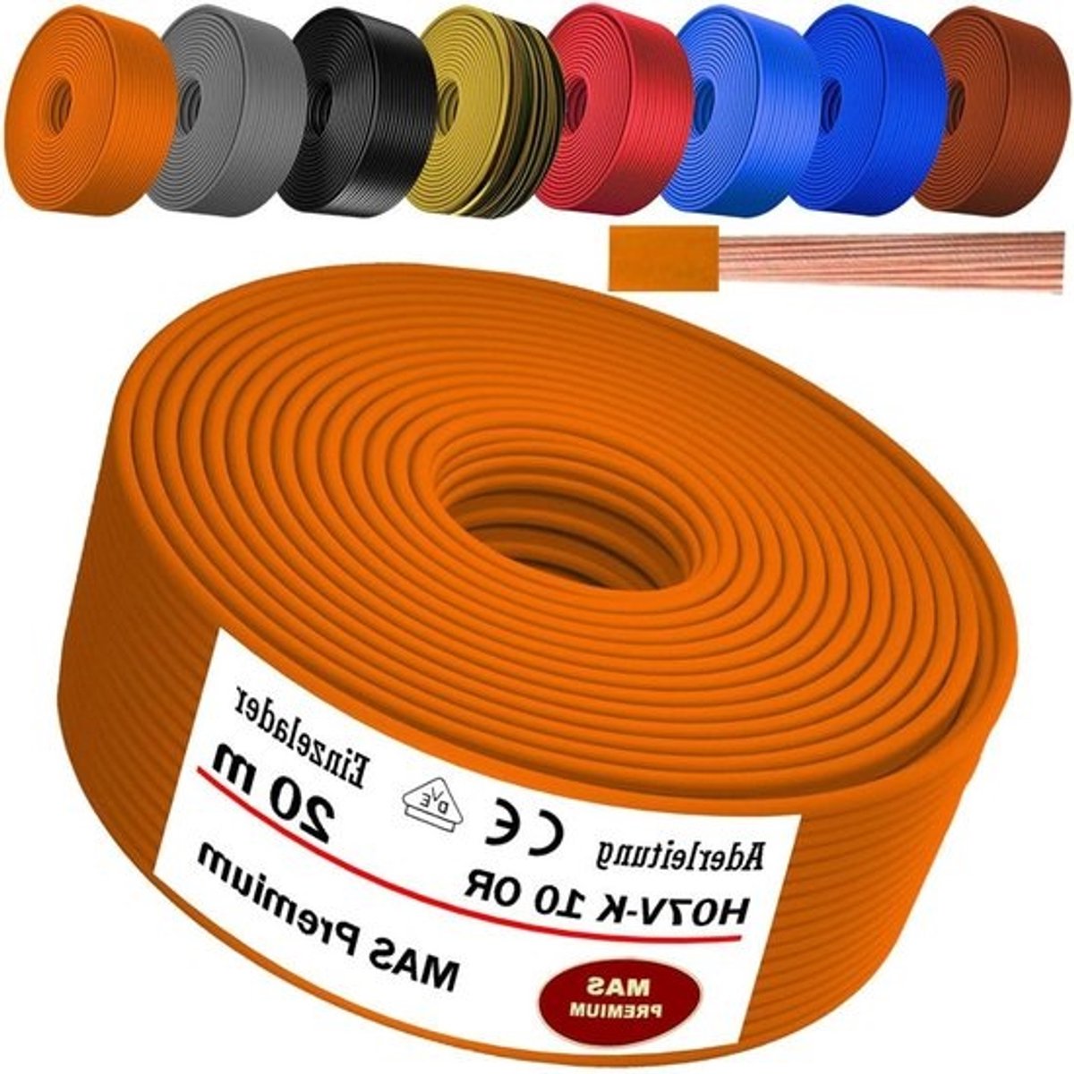 Aderkabel H07 V-K - Flexibele Installatiekabel - Elektrische Installaties - Meerdraads Koper - 10 mm² - Oranje