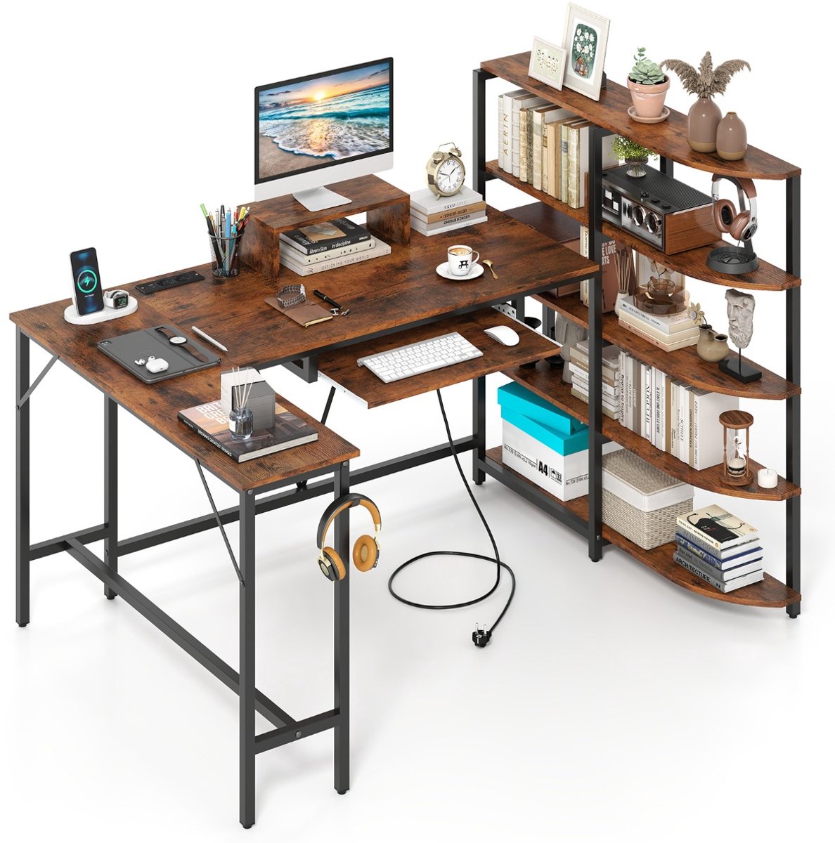 SureDeal® - L-Vormig Bureau met Oplaadstation & Opbergvakken - Hout & Metaal - 160x108x109,5 cm - Bruin - Hoektafel