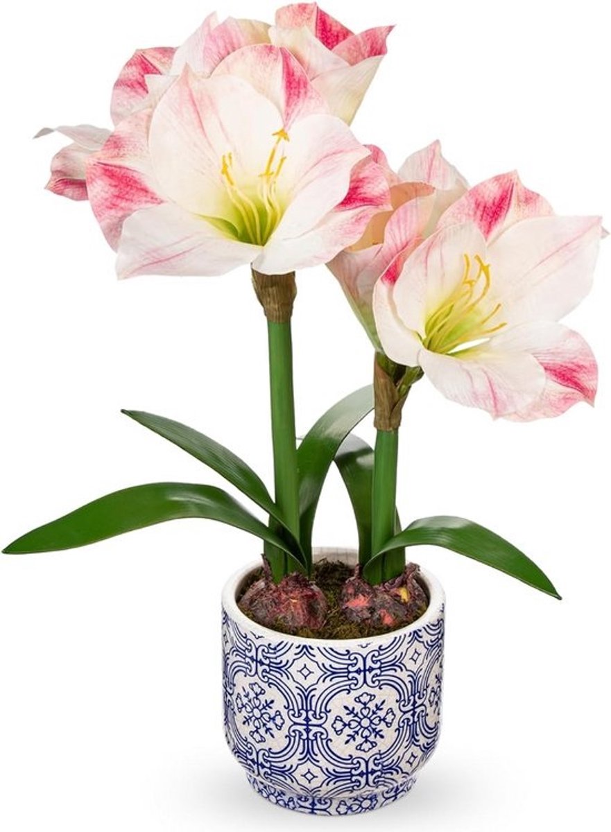 Realistische Kunst Amaryllis in Roze met Blauwe Keramische Pot 46 cm - Zijden Bloemen voor Binnen