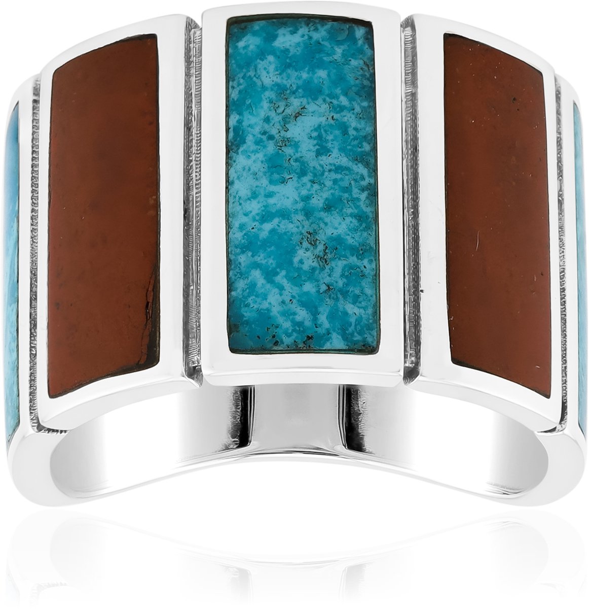 Cavill - 925 Sterling Zilver Ring met Blauwe Kingman Mohave Turkoois & Rode Jaspis - Geoxideerd - Handgemaakte Baguette Inlay - Brede Edelstenen Ring