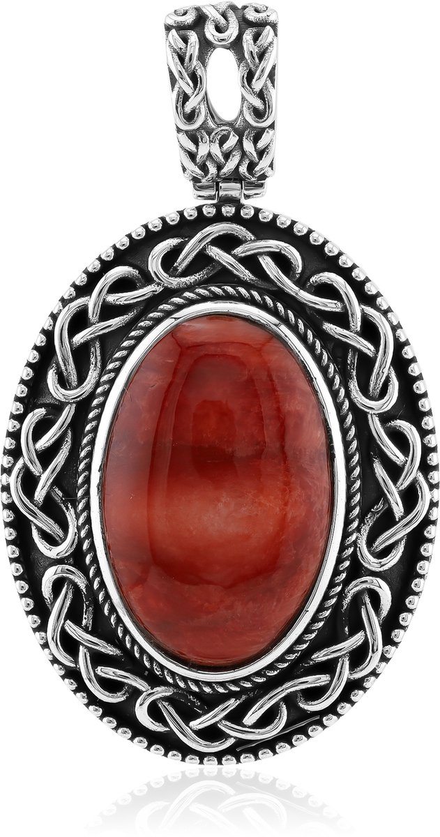 Cavill - Zilveren Hanger - 925 Sterling Zilver Geoxideerd - Oranje Stekeloester Ovaal Cabochon 6.815 ct - Handgemaakte Edelsteen Sieraden