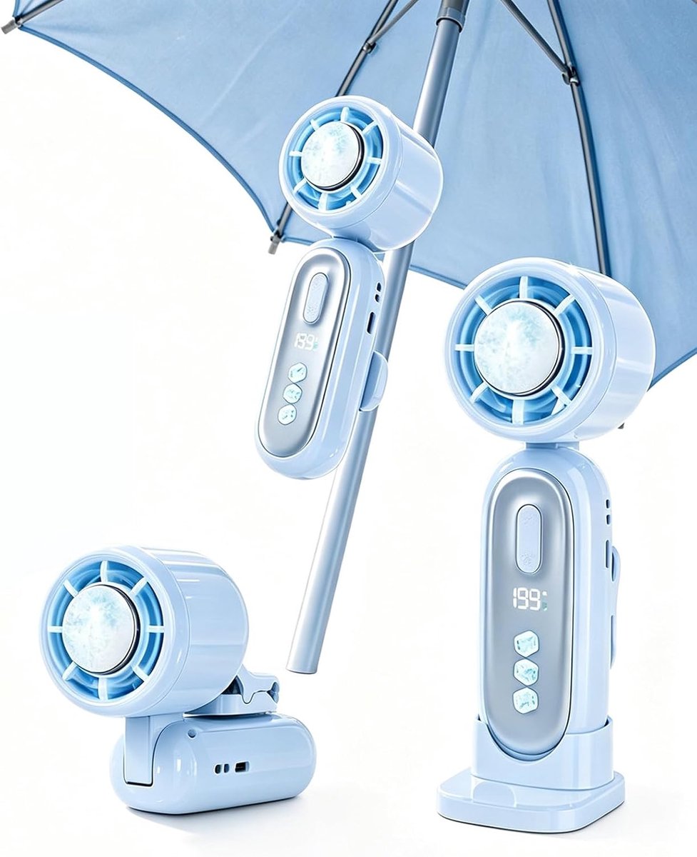 Handventilator met ijskoeling - met clip - Draagbare Ventilator - 3000mAh - Koelt écht - Mini Fan Oplaadbaar - Oplaadbaar - LED-display - 199 windsnelheden - Mini Ventilator - Draagbare opvouwbare nekventilator - Blauw - Draagbare Mini Ventilator