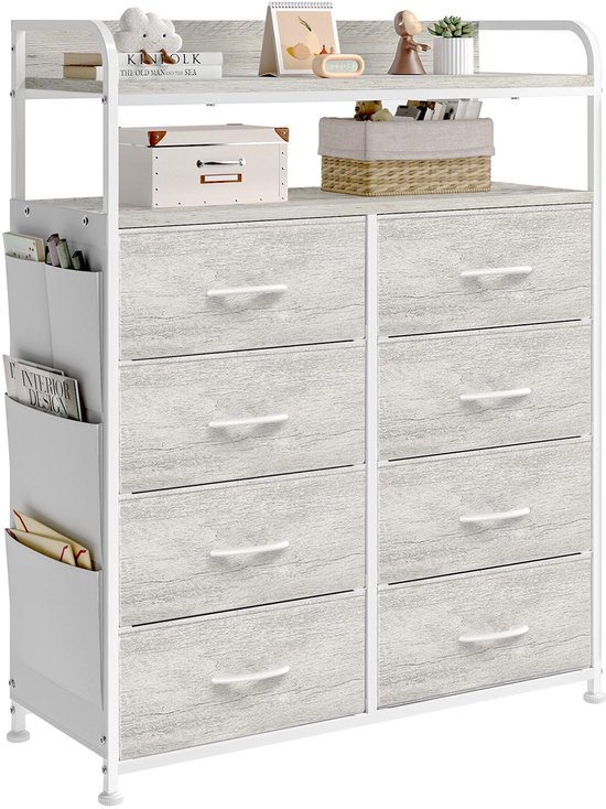 Commode met 8 lades in grijs eikenlook, wit metalen frame en zijvakken voor tijdschriften.
