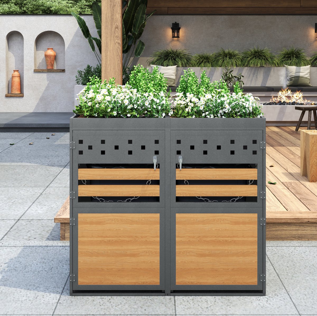 REDOM - Containerberging - Voor 2 containers 120-240 liter - Plantendak en ventilatiesleuven - Afsluitbaar met sleutel - Metaal - Grijs en Naturel - 132 x 80 x 125 cm