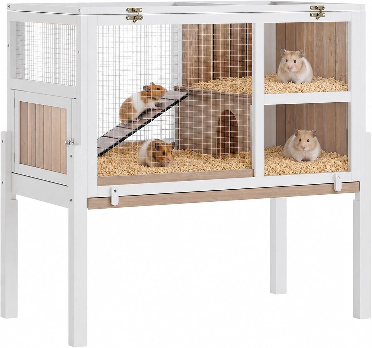 Houten Caviaflat met Standaard - Luxe Knaagdierverblijf met 2 Verdiepingen - 97 x 54 x 93 cm - Transparante Panelen & Diepe Uitschuifbare Lade - Grijs