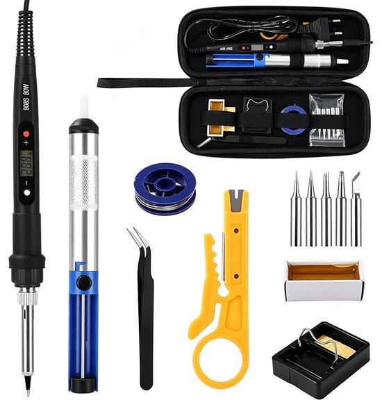Complete soldeerboutset met digitaal display, opbergkoffer, soldeerbout, soldeertin, extra punten en gereedschap.