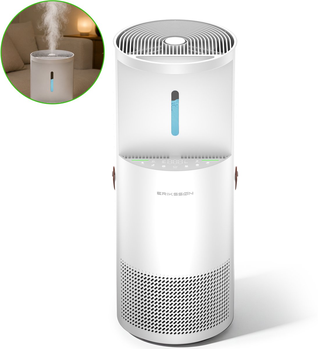 Erikssøn Luchtreiniger Air Pure Pro - Luchtbevochtiger Combo - 397 m3/u - Met Ionisator - Vermindert Stof En Pollen - Hepa 14 Filter - Air Purifier - Clean Air - Wit