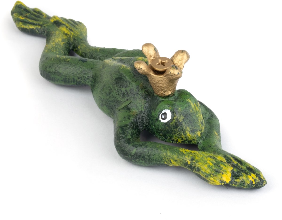 Moritz Tuinbeeld Kikker met Kroon - Gietijzer - 17 cm lang - Groen Goud Antiek - Kikkerbeeld en dierenbeeld liggend met gouden kroon - Geschikt voor binnen en buiten - Tuindecoratie voor border, terras, vijverrand en vensterbank - 1 stuk