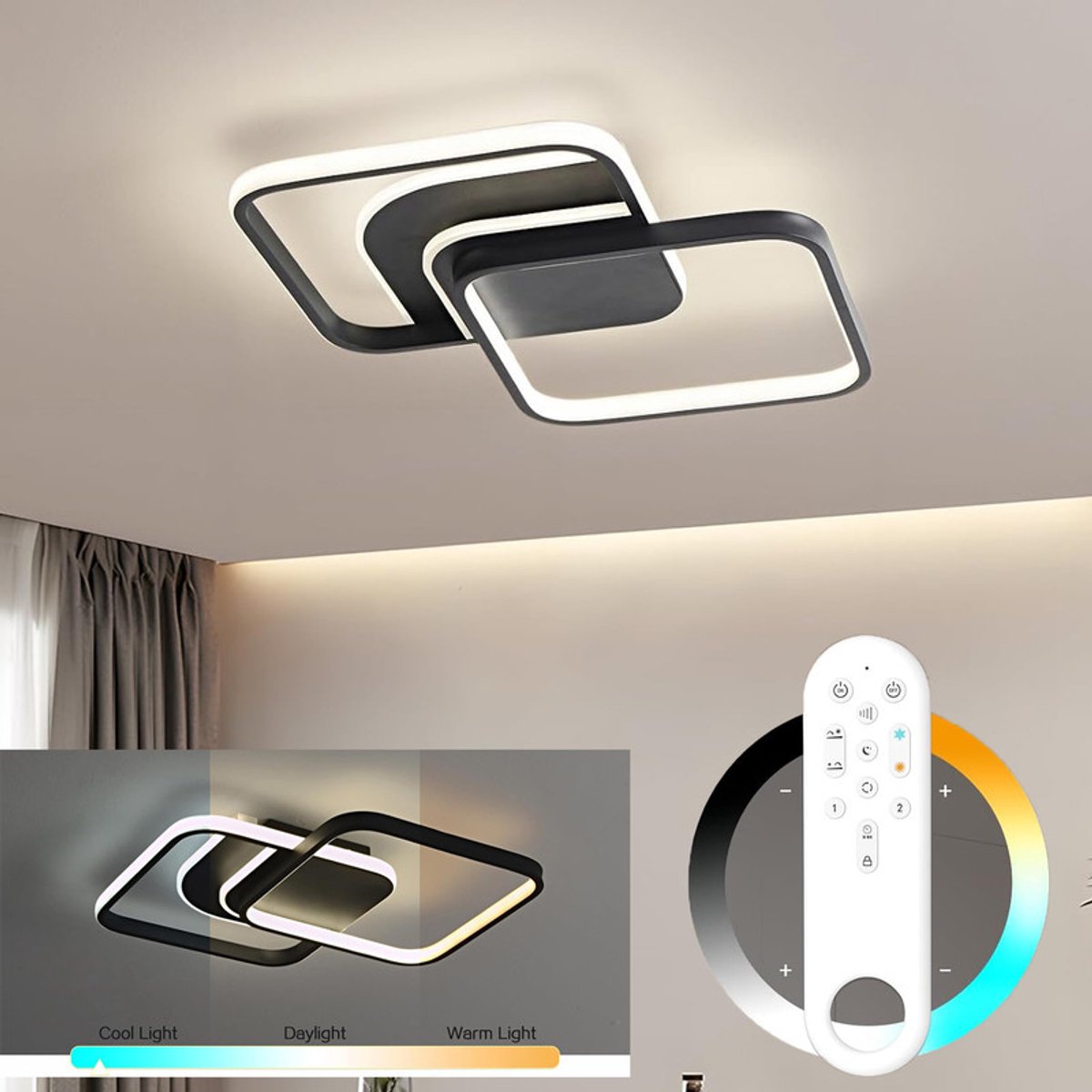Amdelne - LED Plafonniere - Vierkante - 45W - 3000K-6500K - Moderne Plafondlamp - 5600LM - Plafondverlichting - Voor keuken | kantoor | woonkamer | kinderkamer | slaapkamer - Zwart