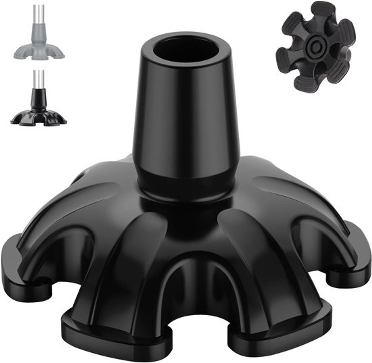 Wandelstok Dop - Stabiliteitsvoet Kruk - Veiliger Lopen - Zelfstandige 6-Poot - 16 mm Diameter - Zwart