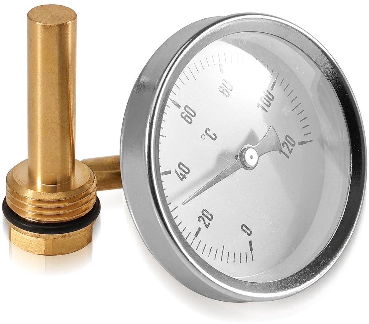 Bimetalen thermometer Ø63mm met 0-120°C schaal, Axiale wijzer, 1/2'' aansluiting en Ø10mm inbouwhuls voor verwarmingssystemen en warmwaterleidingen