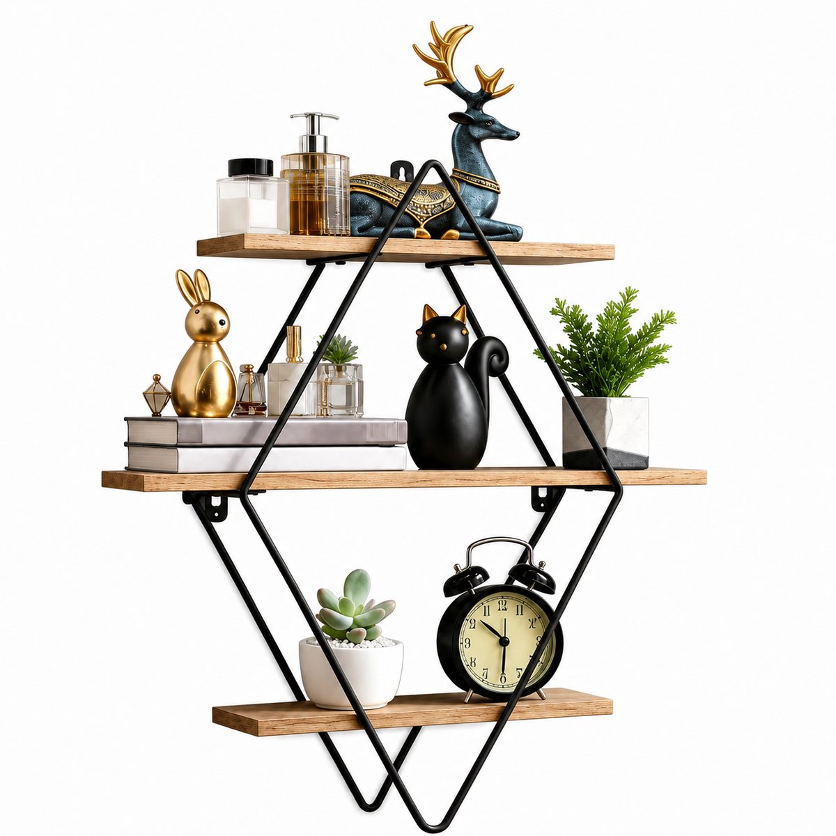 Molhaus Wanddecoratie met 3 Niveaus – Boekenplank – Metaal met Houtlook - Decoratie voor Woonkamer en Slaapkamer - Wandplank