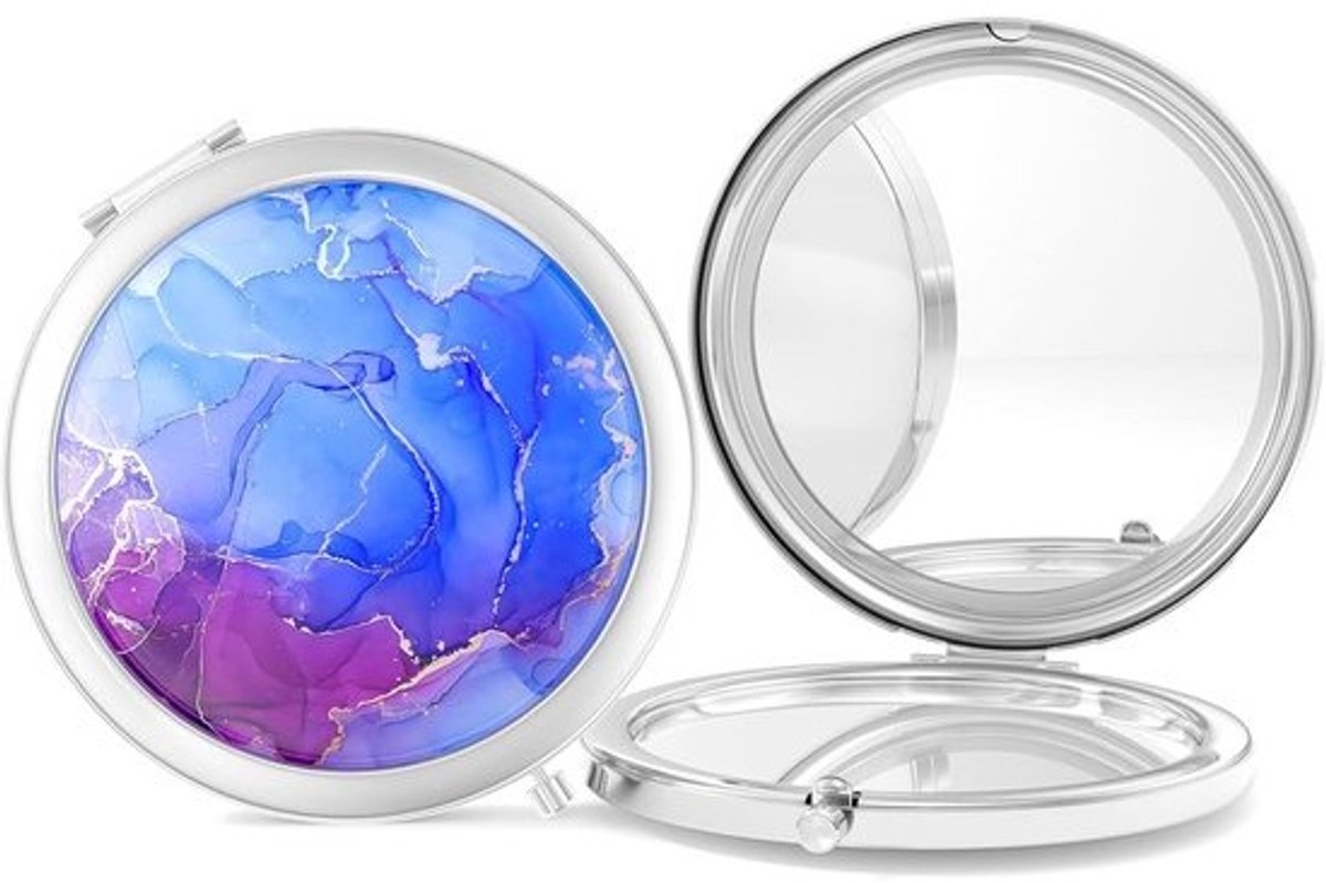 Compacte Make-up Spiegel - Reisspiegel Handspiegel - Make-up Aanbrengen - Dubbelzijdig 2x Vergrotend - 7 Cm Diameter - Blauw Paars Marmer