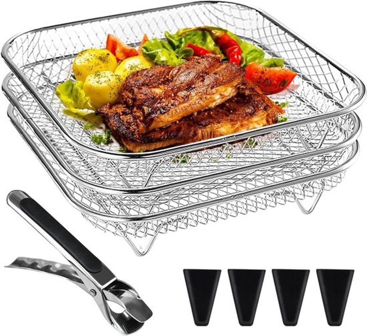 Airfryer Rek - Luchtfriteuse Accessoire - Dubbel Koken - Stapelbaar Ontwerp - 3 Lagen - Zilver