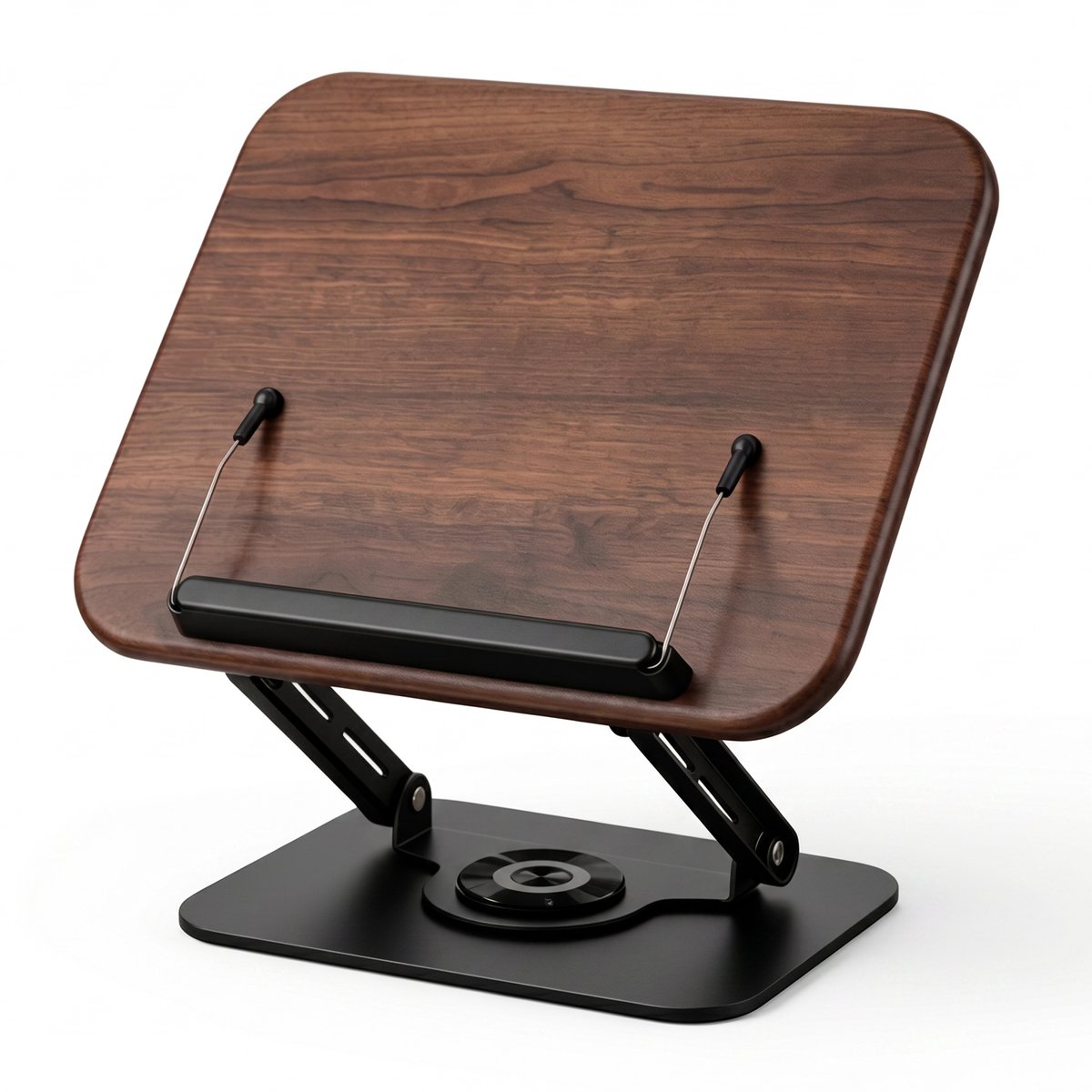 Verstelbaar Boekenstandaard – 360° Draaibaar – Hout & Metaal – Inklapbaar – Geschikt voor boek, kookboeken, laptop – 29x23 cm