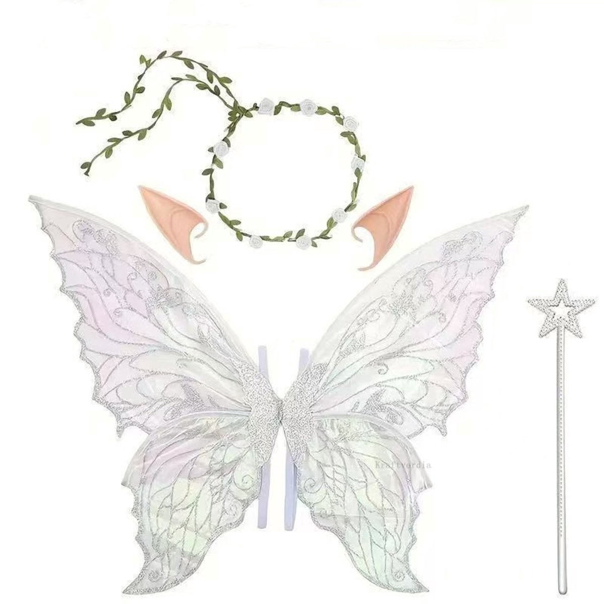 casalora - Elf Verkleedset - Feeënkostuumset - Inclusief Vleugels 72x55 cm,Toverstaf,Elfenoren,bloemenkrans - Verkleedkleding Accessoires - Ideaal voor cosplay, feestjes - Wit