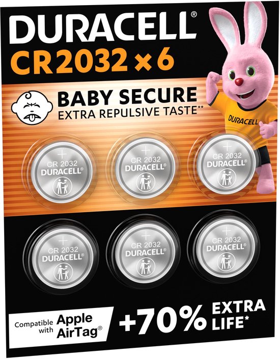 Verpakking van zes Duracell CR2032 knoopcelbatterijen, 'Baby Secure' met afstotende smaak, compatibel met Apple AirTag.