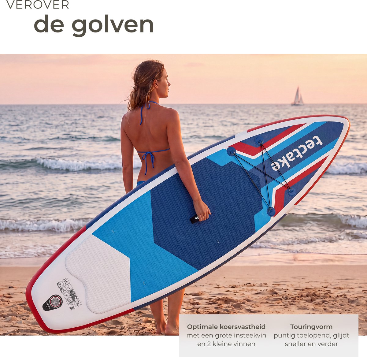 tectake® Stand-Up Paddle Board 320 cm – 2-in-1 Opblaasbaar SUP Board – Complete Set met Kajakzitje, Peddel, Pomp en Rugzak – Antislip EVA Dek – Max. 200 kg – rood / blauw – foto 3