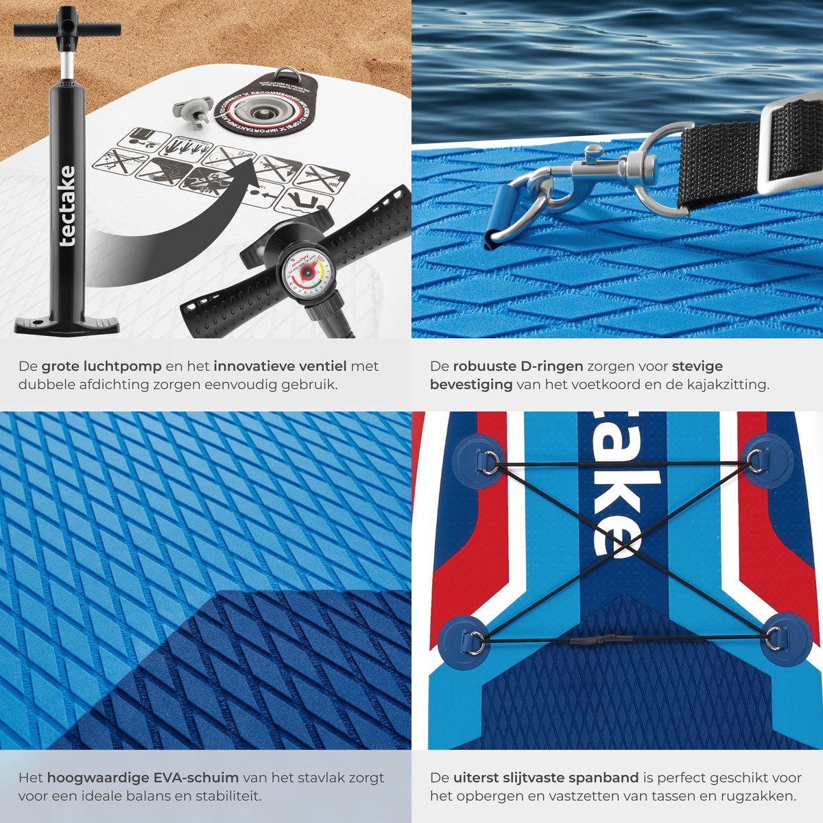 tectake® Stand-Up Paddle Board 320 cm – 2-in-1 Opblaasbaar SUP Board – Complete Set met Kajakzitje, Peddel, Pomp en Rugzak – Antislip EVA Dek – Max. 200 kg – rood / blauw – foto 4