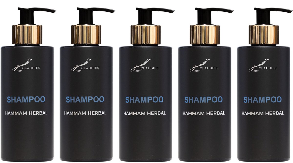 Shampoo Hammam Herbal 300 ml - met gouden pomp - zwarte fles - set van 5 stuks - Voordeelverpakking