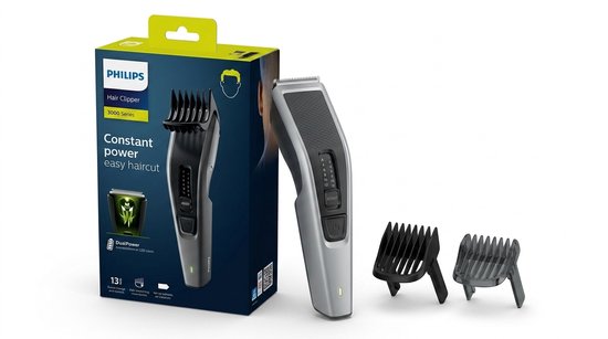 Philips 3000 series haartrimmer, zilver en zwart, met 2 opzetkammen en opbergdoos.