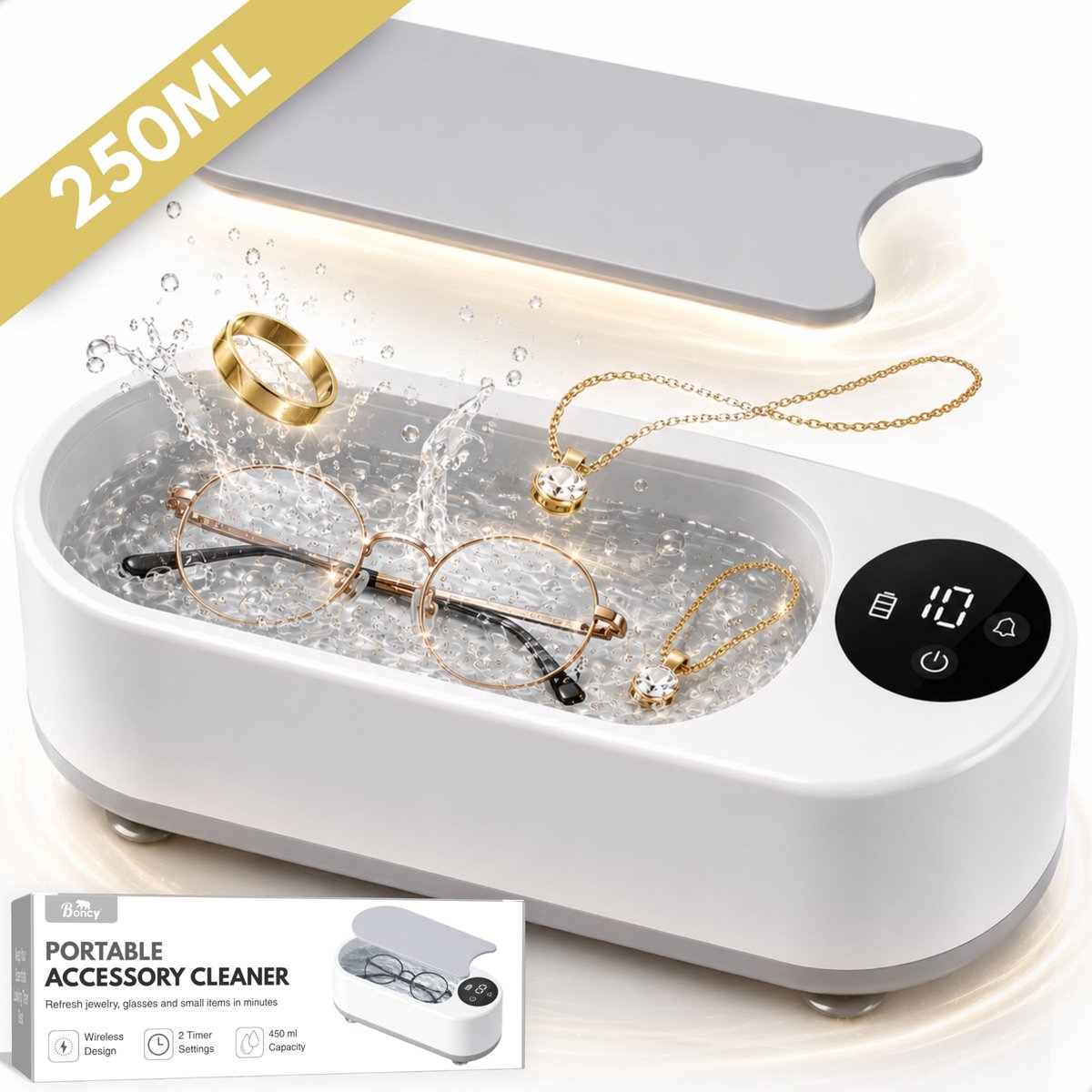 Boncy® Portable Ultrasoon Reiniger - Ultrasone Brillenreiniger - Ultrasonic Cleaner Brillenbad 250ml - Ultrasoonreinigers - Bril Schoonmaken Apparaat - Reinigingsapparaat voor Sieraden Brillen Gebit Horloge Juwelen - Met 2 Timer Standen
