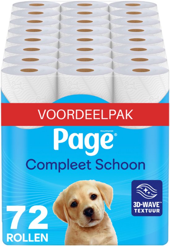 Voordeelpakket Page toiletpapier met 72 rollen, Compleet Schoon, 3D-Wave textuur, met afbeelding van een puppy.