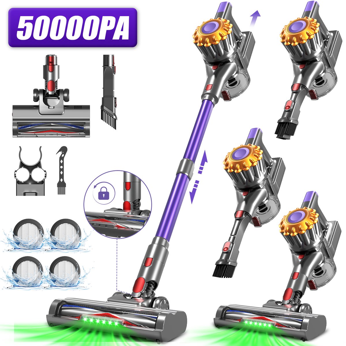 Adormii Steelstofzuiger Draadloos – 50 kPa Sterke Zuigkracht – Tot 60 Min Accuduur – Anti-haarwikkel Vloerborstel – 4 HEPA-filters – 1,6 L Stofreservoir – Groene LED Stofdetectieverlichting – Paars