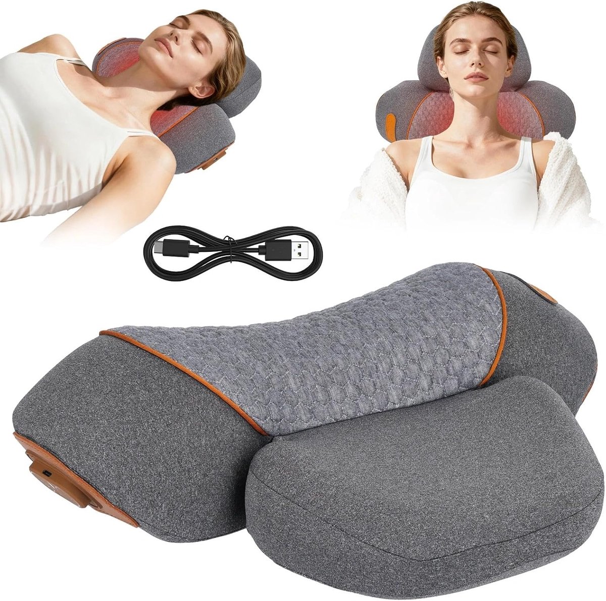 Ergonomisch Neksteunkussen Met Warmte- En Kneedmassage - Traagschuim USB-Oplaadbaar - Verlicht Nekstijfheid En Verbetert De Houding - Ideaal Voor Kantoor, Studie En Studentenkamer - Grijs