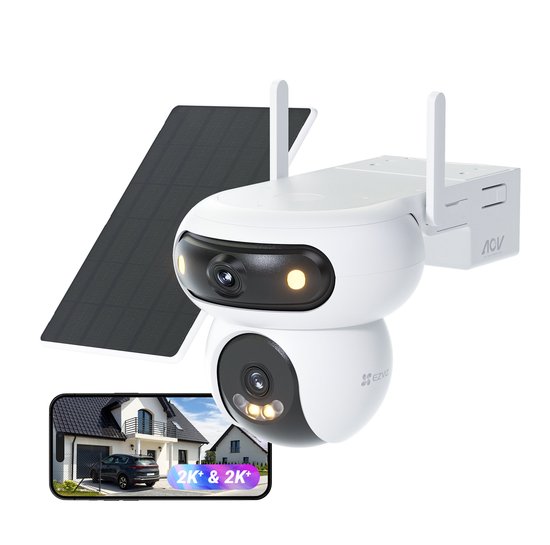 EZVIZ HB90+8w zonnepaneel 4MP+4MP dubbele lenzen 360° beveiligingscamera voor buiten Wifi draadloos met 10400mAh batterij, altijd-aan videomodus, personen-/voertuigdetectie, automatische volgfunctie