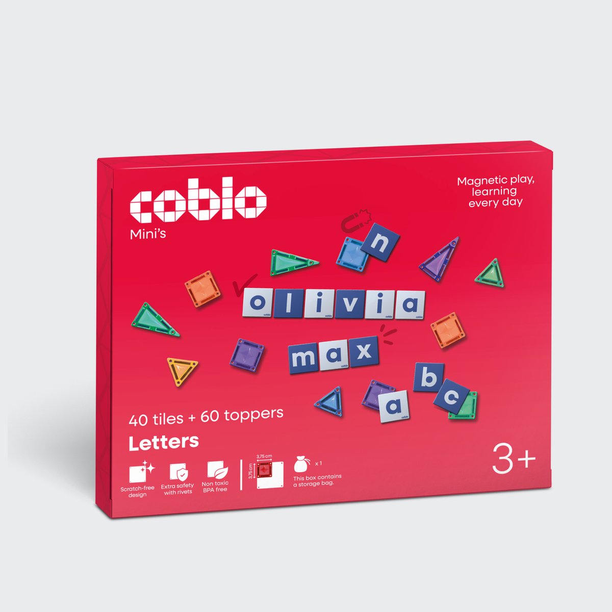 Coblo – Mini Magnetic Tiles met Mini Letter Toppers – 40 Mini Magnetische tegels & 60 Mini Letter toppers – Magnetisch speelgoed – Vanaf 3 jaar