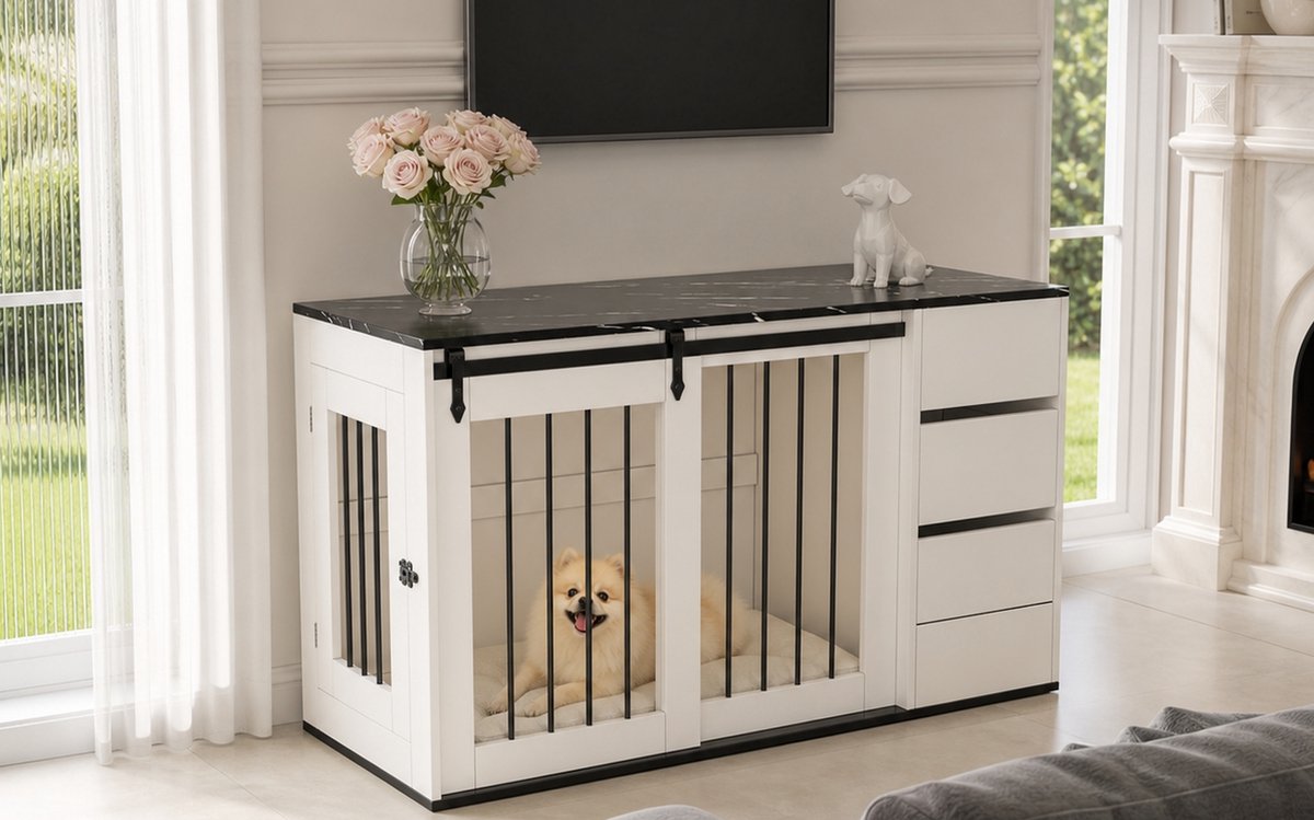 FloraGrace Dressoir – 2-In-1 Hondenbox Met Opbergruimte – 140 X 60 X 87 Cm – MDF En Metaal – Wit – Als Bijzettafel Voor Woonruimte