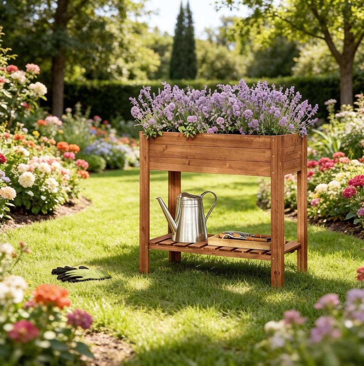 MODFU - Staande Plantenbak - Met Legplank - Rechthoek - Hout - Bruin - 80 X 40 X 75 Cm