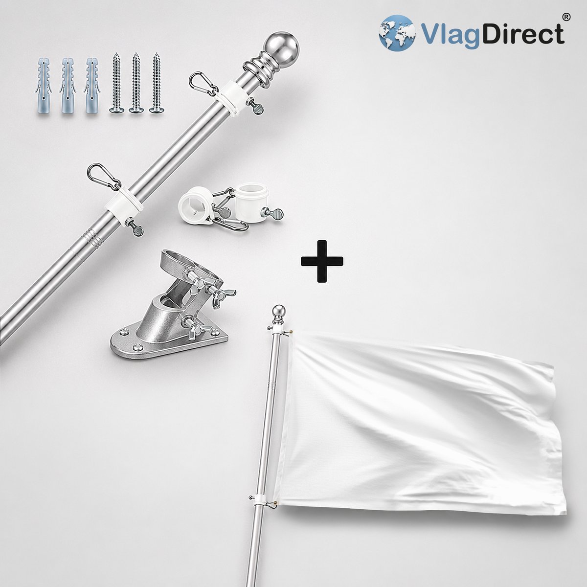 VlagDirect - Compleet vlaggenpakket - Zilveren vlaggenstok inclusief vlaggenstokhouder + Witte vlag - Overgave vlag - Vrede vlag - Wapenstilstand vlag - 90 x 150 cm.