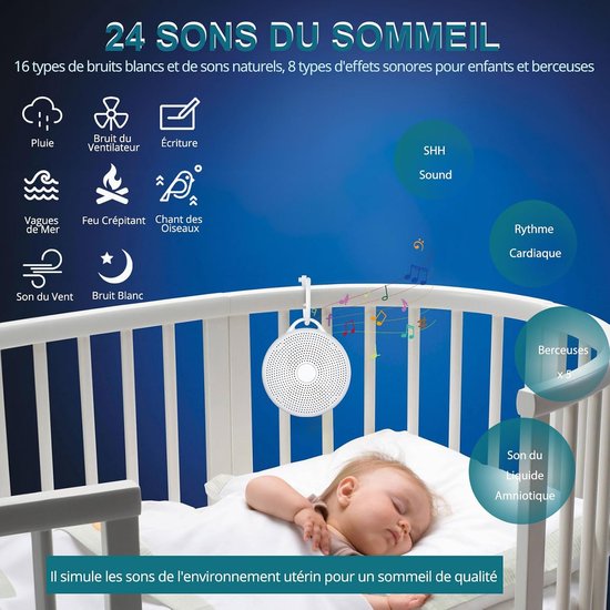 Draagbare Witruismachine voor Baby – 24 Kalmerende Geluiden – Instelbaar Nachtlampje – 2000mAh Oplaadbare Batterij – 30/60/90 min Timer – Geheugenfunctie – Slaapmachine voor Slaapkamer en Reizen — afbeelding 5
