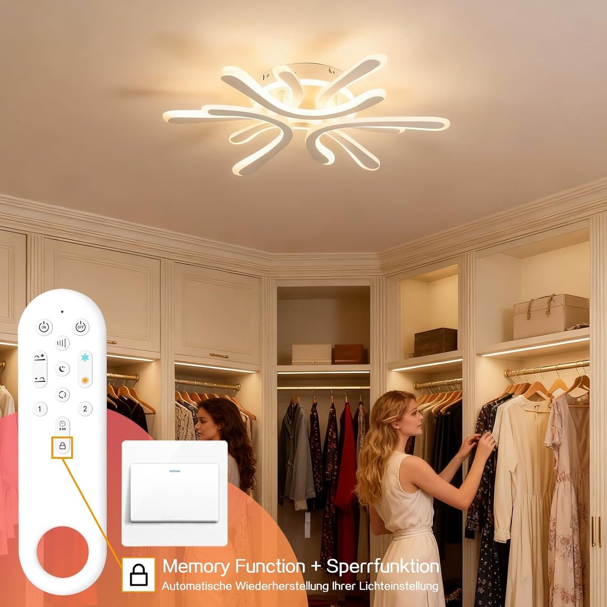 Amdelne ‑ Luxe Zes‑bloem LED Plafonniere ‑ 40W ‑ 3000K‑6000K ‑ 4200LM ‑ Met Afstandsbediening ‑ Dimbare Binnenverlichting ‑ Wit - Voor Slaapkamer Woonkamer Kinderkamer