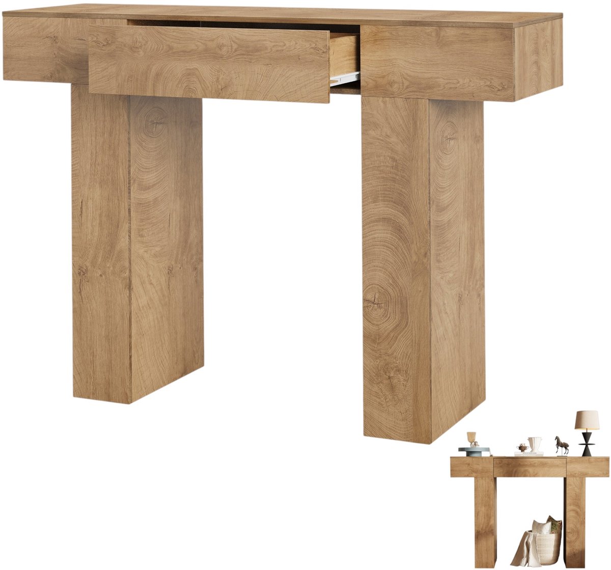 Smalle haltafel - houten bijzettafel - rechthoekig tafelblad van massief hout/MDF - met lades en opbergvakken - geschikt voor hal/gang/woonkamer - 120 cm