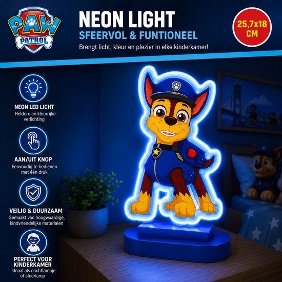 Paw Patrol Nachtlamp Chase - Neon Lamp voor Kinderkamer en Slaapkamer - Nachtlampje Kinderen - Bedlampje met Aan/Uit Knop - 25,7x18 cm van Paw Patrol — afbeelding 2