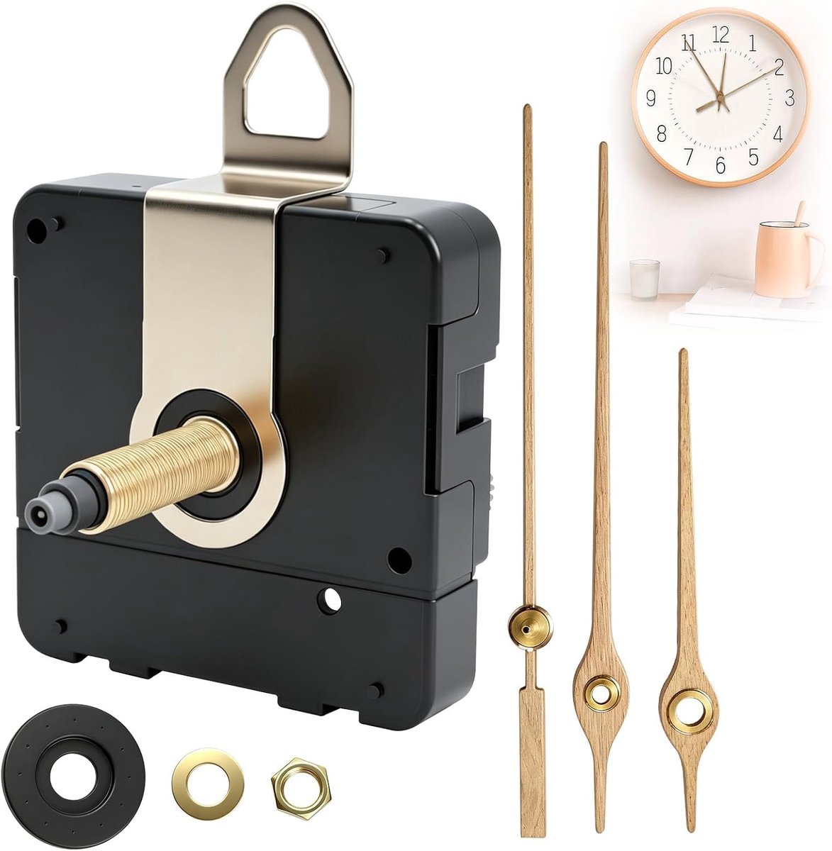 7 stuks - Quartz uurwerk - Hoog koppel - Reparatie kit voor doe-het-zelf hangende klokken - Houten aanwijzer - Vervangende uurwerk met aanwijzer - Houten kleur