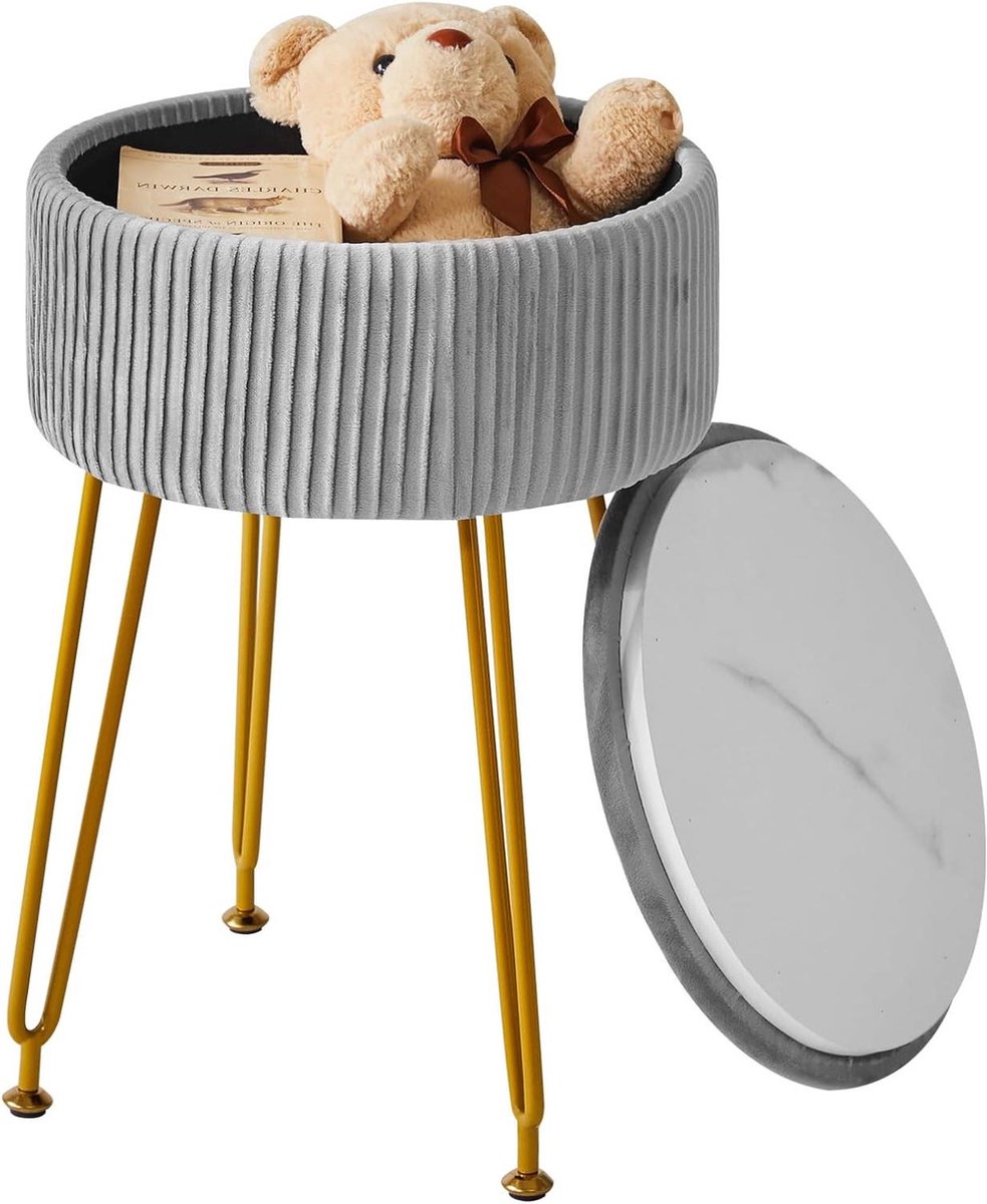 Fluwelen Poef - Opbergkruk bijzettafel - Extra zitplaats - Verborgen opbergruimte - 32x48 cm - Grijs