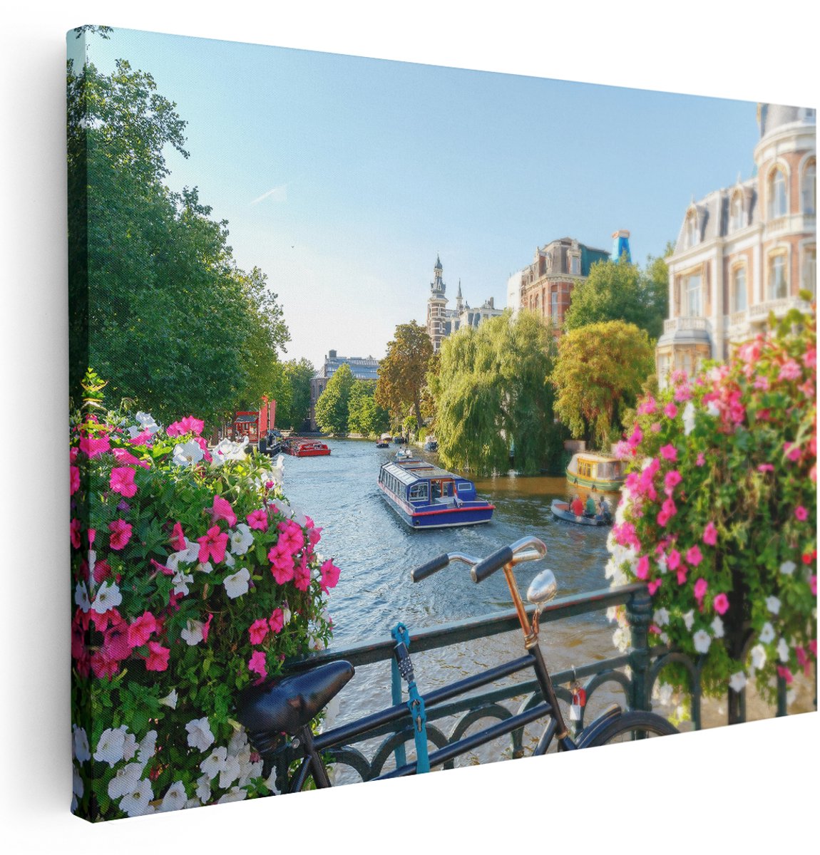 Artaza Canvas Schilderij Amsterdamse Kanaal Met Bloemen - 160x120 cm - Groot - Wanddecoratie Woonkamer - Schilderijen - Muurdecoratie
