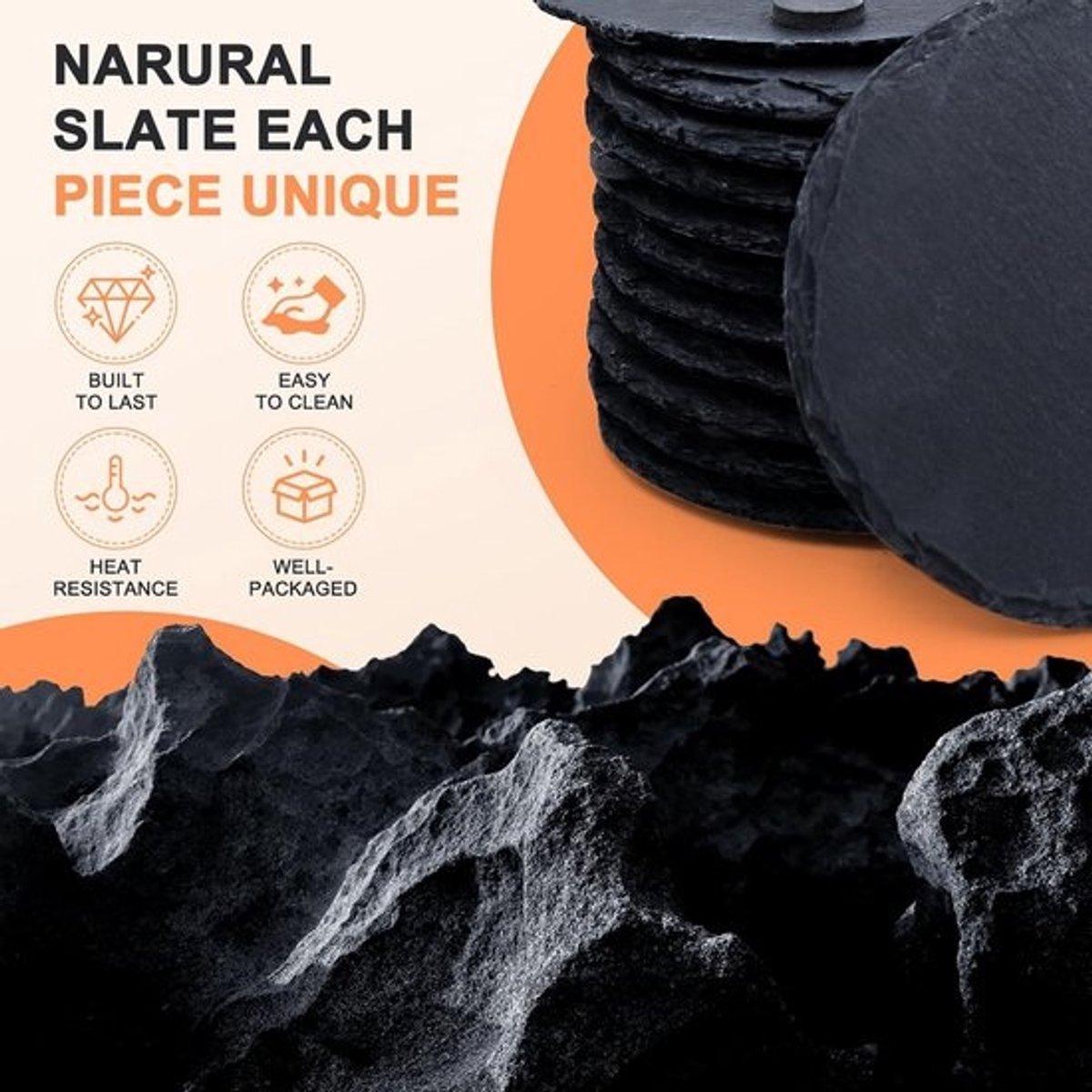 Set van 24 zwarte leisteen onderzetters 10cm voor glas en mok