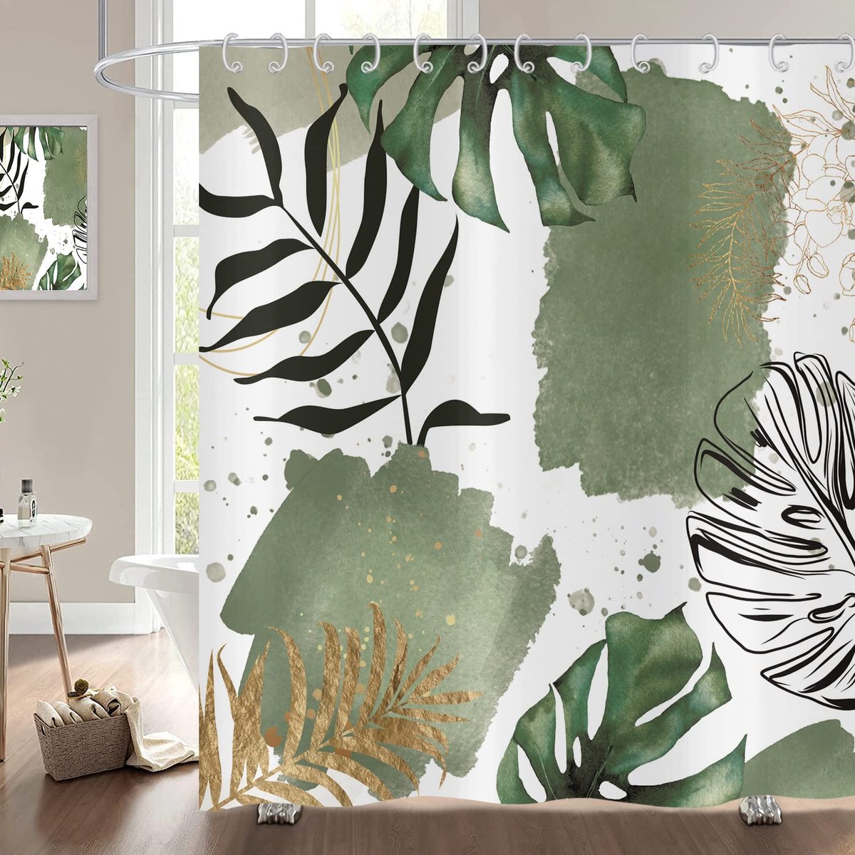 Douchegordijn - Boho Bladeren Moderne Abstracte Kunst Waterdicht Polyester Textiel Wasbaar met 12 Haken - voor Badkamer en Badkuip - Groen Zwart Goud Palmbladeren 180x200 cm