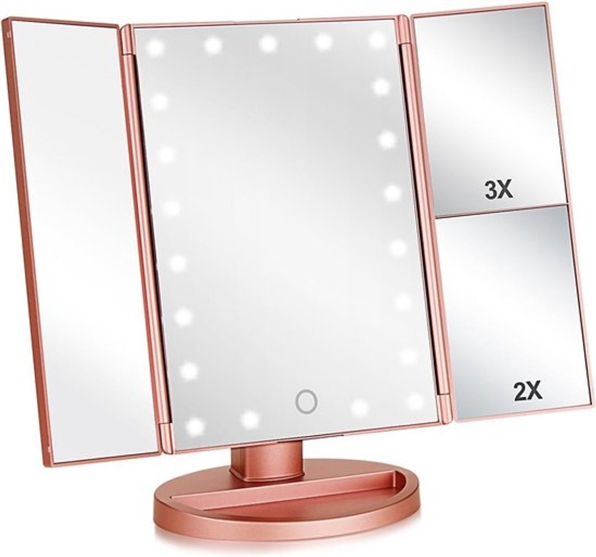 Verlichte Make-up Spiegel Drievoudig Opvouwbaar met 21 LED's en Touchscreen - 3x/2x/1x Vergroting
