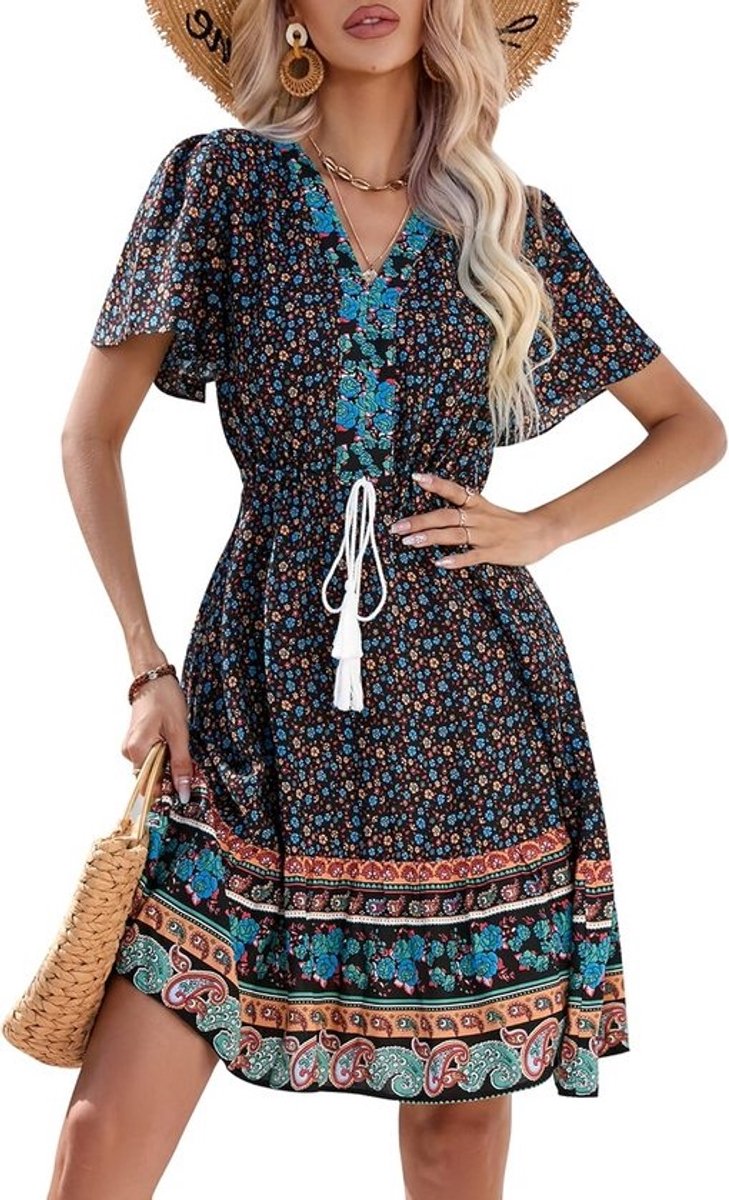 Boho Zomerjurk voor Dames – Korte Mouwen, V-hals, Bloemenprint – Elegante Mini-jurk voor Strand en Vrije Tijd