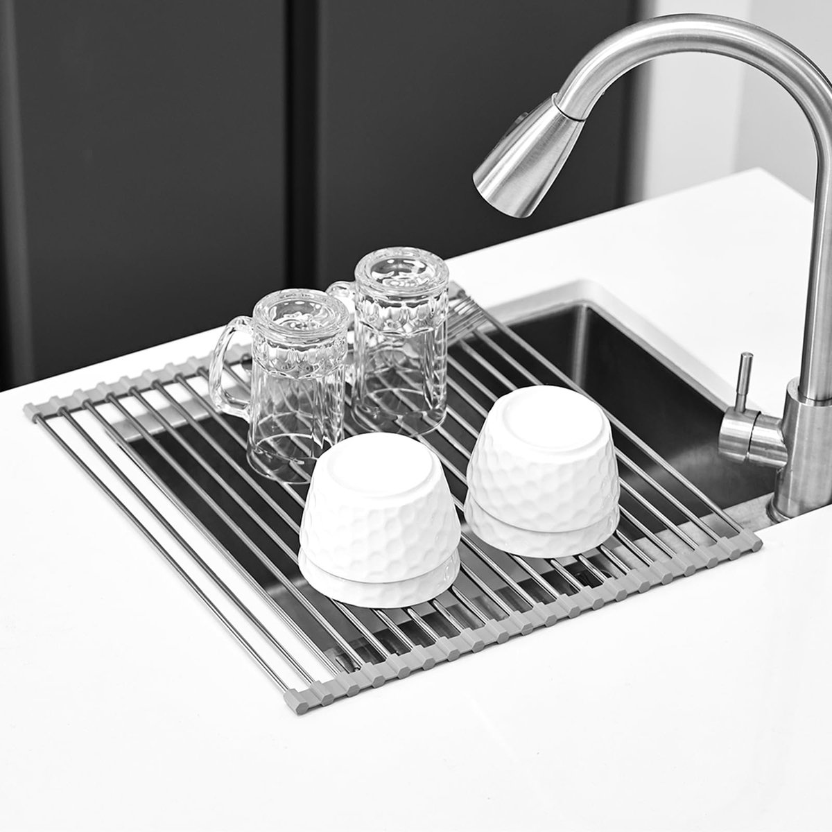 Oprolbaar Afdruiprek - Van 304 RVS en siliconen - Voor de gootsteen in de keuken - Grijs 43x40cm
