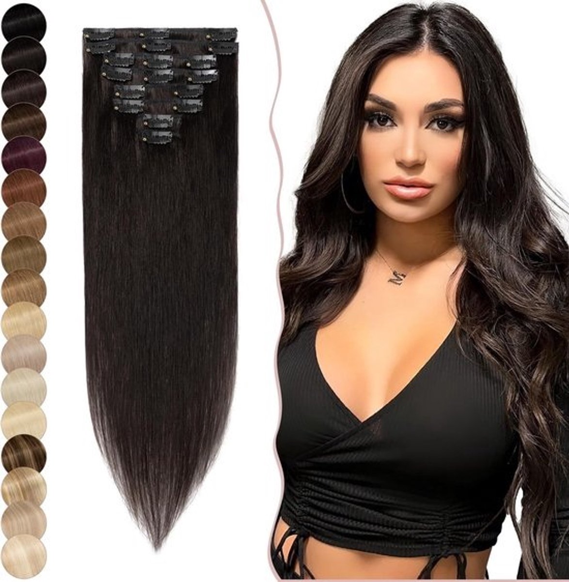 Natuurlijke Zwarte Clip-In Haarextensions van 50 cm, 100% Remy Menselijk Haar, Zijdeachtig en Stevig, Perfect voor Volumineuze Haarstijl