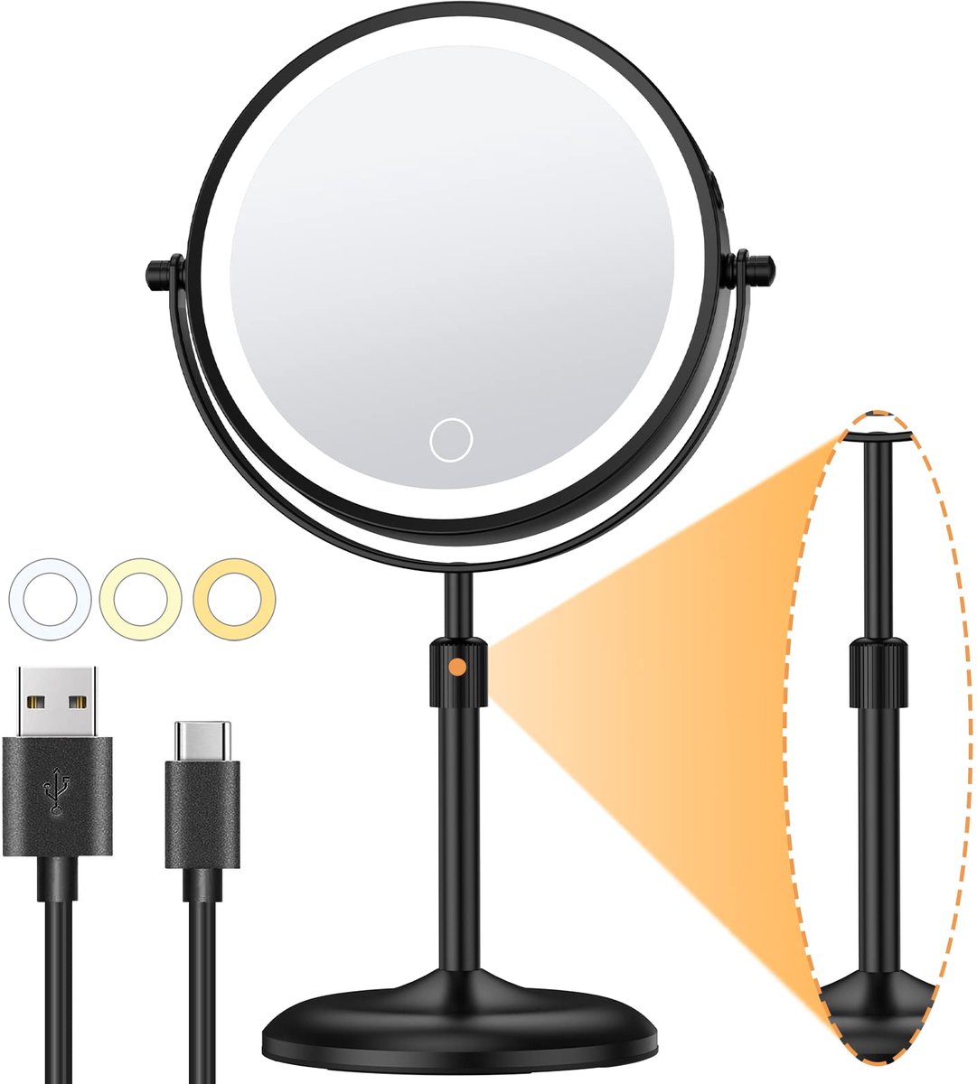 Dubbelzijdige LED Make-up Spiegel - Oplaadbaar - 1X/10X Vergroting - 3 Kleuren Dimbaar - In Hoogte Verstelbaar - 360° Draaibaar - Zwart - 7 inch