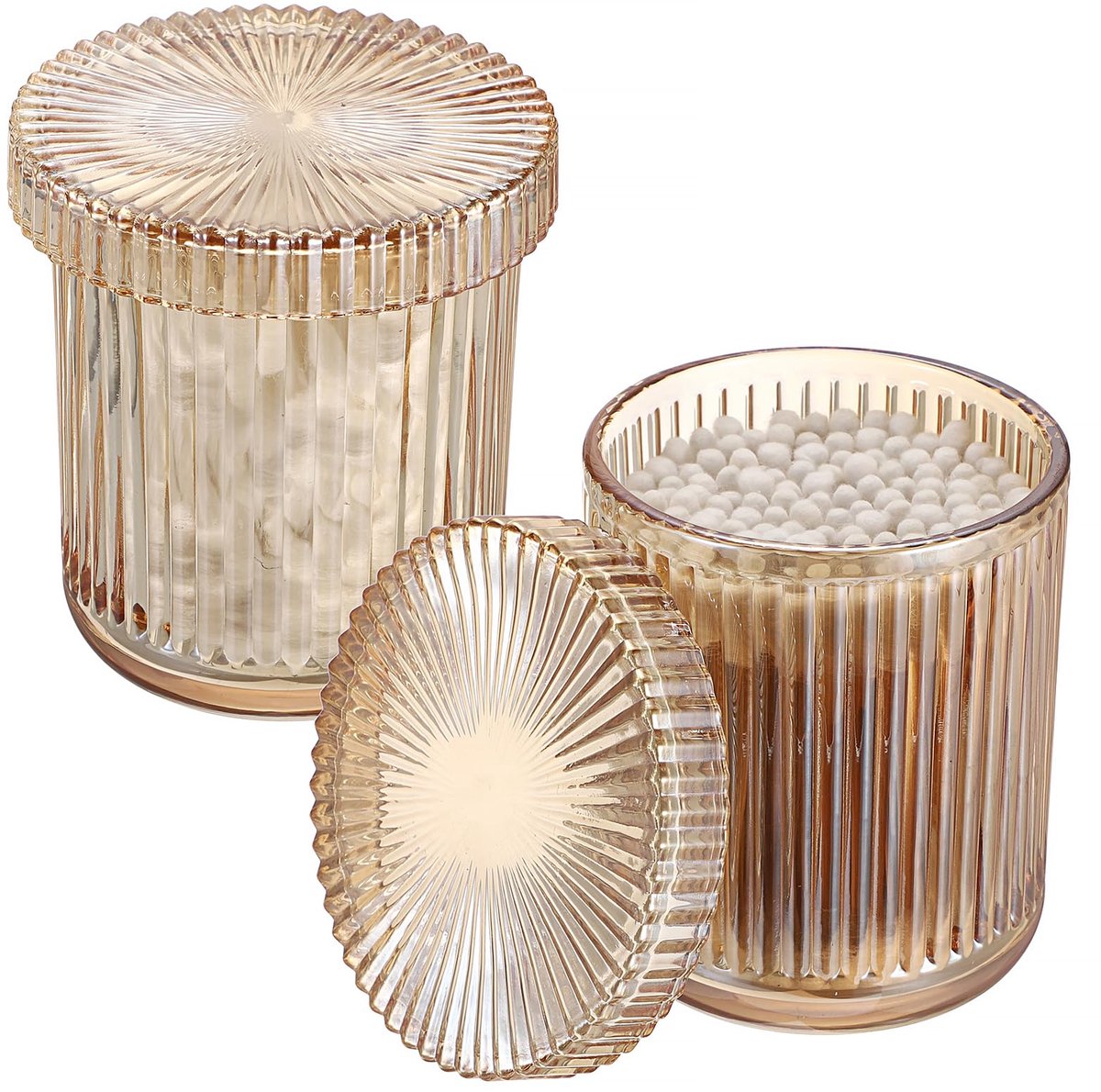 Set van 2 Glazen Opbergdoosjes voor Wattenpads en Wattenstaafjes - Amberkleurig