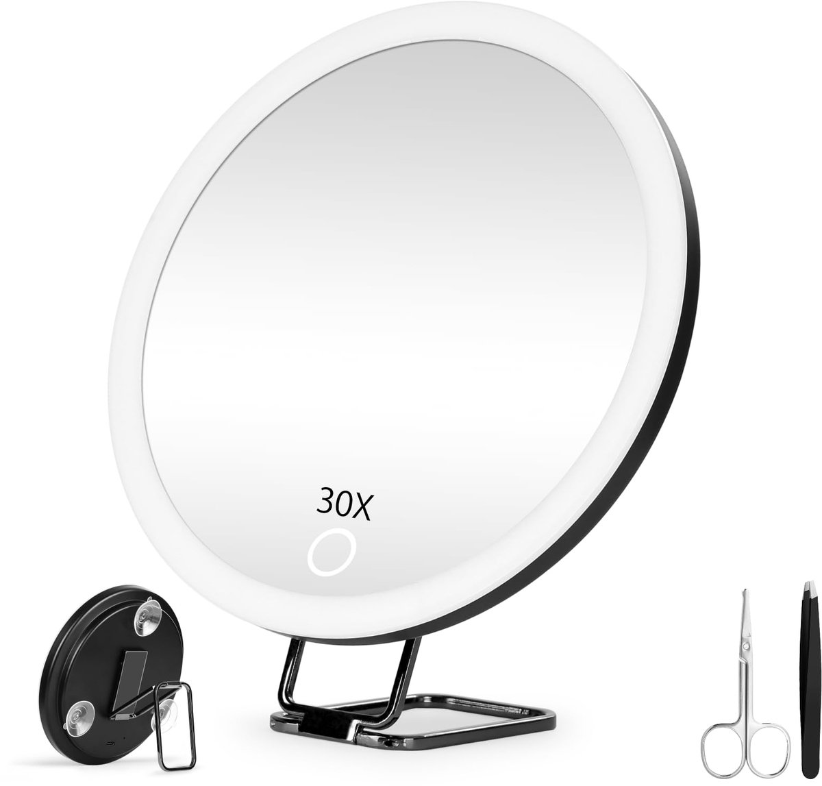 LED Vergrotingsspiegel - 15.24 cm Make-up Spiegel met Dimbare Verlichting (3 Kleuren) - Draagbaar met 360° Tafelstandaard en 3 Zuignappen
